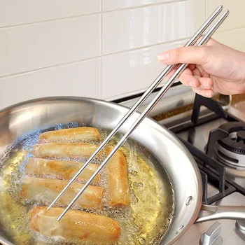 1 Чифт продълговат 36 см китайски пръчици за приготвяне на спагети от неръждаема стомана, за да се пържи в горещо гърне, Пръчици за хранене за пържене говеждо месо, кухненски инструмент