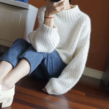 100% чист вълнен пуловер женски Луксозен бежово-бял вълнен пуловер ръчно плетени с дебел ръкав женски чист вълнен пуловер