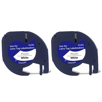 2 Опаковки пластмасови этикеточных ленти за DYMO Letratag 91201 Черно на бяло (12 мм X 4 м), За да LT-100H, LT-100Т, LT-2000, QX50