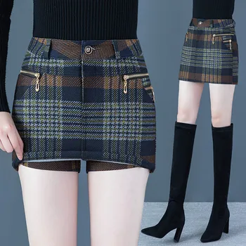 2021, есенно-зимни вълнени шорти в клетката, дамски ежедневни панталони с ципове с висока талия, поли, дамски универсални плътно прилепнали шорти трапецовидна форма, полата