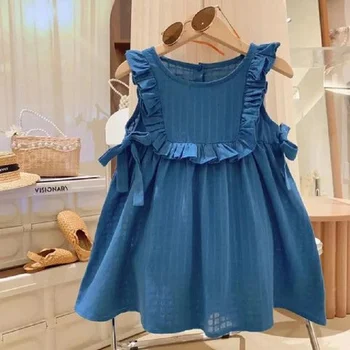 2023 Лятото Ново Записване, Синьо Дизайнерско рокля Roupa Infantil Menina за момичета без ръкави, с Кръгло деколте и Стегнато, Сладко Вечерна рокля Custume от 8 до 10 години