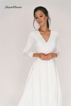 2023 Сватбени Бели дълги рокли на шаферките за жени с V-образно деколте и дълъг ръкав, стилен облегающая облекло