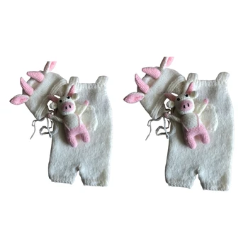 3 бр./компл., реквизит за снимки на новородени, бяла розова крава, бик, вязаный гащеризон с джобове без ръкави, кукла-бини