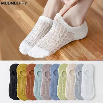 5 двойки женски летни тапочек-чорапи от фина мрежа, нескользящие силиконови невидими чорапи до глезена на крака, женски обикновена памучни чорапи-лодка без показване