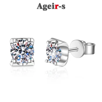 AGEIR-S Истински муассанит D цвят 2 карата, блестящ модерен единични сондажни прът, на ухото род, женски S925, сребърен сватбен обеци, Бижута Z170