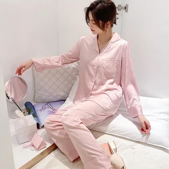 Demisezonnyj женски пижамный костюм от 2 теми с принтом мил на сърцето, розово домашно облекло, сатенени панталони с дълъг ръкав, пижама, ежедневни свободна нощно облекло
