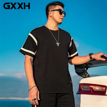GXXH, мъжка Модна марка Голям Размер, Дебел Свободен топ Плюс Тор За Увеличаване на Контраста, Цветна лента, Тениска с къси ръкави, 140 кг