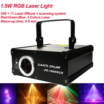 RGB ефектно Осветление на Домашна Сцена DMX512 1,5 W Лазерен Проектор 256 + 11 Лазерни Ефекти Сканиране Система Disco Dj Party Stage Light