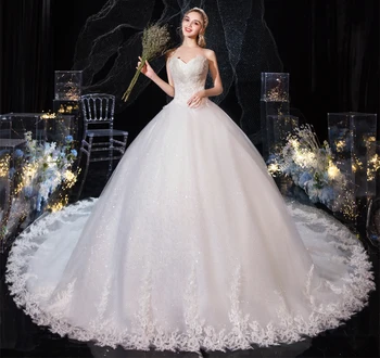 Robe De Mariee 2022 Благородна Сватбена рокля Без Презрамки С Аппликацией От Пайети, Сватбени Рокли С Влак, Принцеса Рокля на Булката