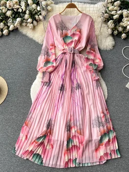 SINGREINY Франция Ретро Свободно рокля с флорални V-образно деколте, дълги ръкави-фенерчета, колан, плиссированный женски елегантен ретро сарафан Макси
