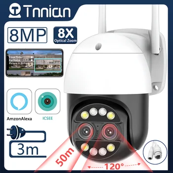 Tnnian 4K 8MP двухобъективная WIFI камера за наблюдение AI Human Проследяване с 8-кратно увеличение Градинска водоустойчив PTZ IP камера ВИДЕОНАБЛЮДЕНИЕ iCSee Алекса