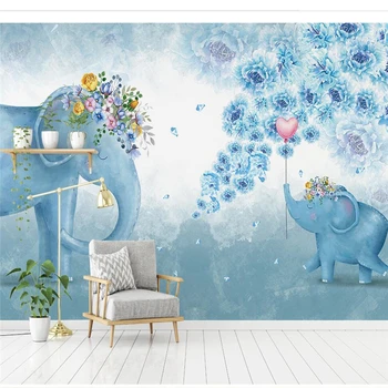 wellyu Изработени по поръчка голяма фреска на 3d в скандинавски стил, с ръчно изрисувани под формата на слон и цвете, детска спалня, всекидневна, ТВ-фон, 3D тапети