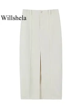 Willshela Дамски модни бежовата миди полата е с цепка отпред с цип, реколта женски шикозни поли с висока талия