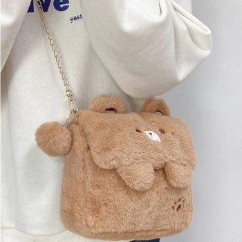 Y2k Корейски, японски сладък мечка на рамото за момичета, мек пухкав сладък кафяв портфейл, чанти, ежедневни козметична чанта през рамо за жени
