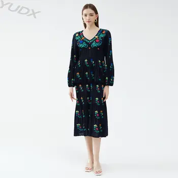 YUDX Miyake /новост 2023, пролетно-лятна рокля-торта в стил френски литературен ретро, с V-образно деколте и принтом, свободни нагънат дамски рокли