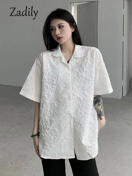 Zadily 2023, лятна дамска бяла риза с къс ръкав в корейски стил, гънките на копчета, Дамски блуза, туника, ежедневни облекла, свободни топове