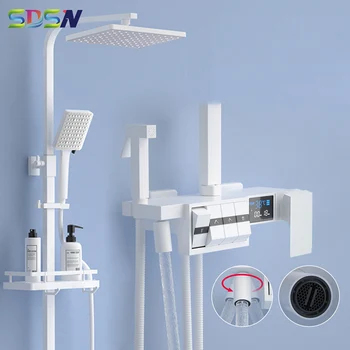 Бял цифров комплект за душ в банята SDSN Pianoforte, Термостатическая Душ система, Смесител за баня с дъждовна тупалка, Бели Комплекти за душ с пиано