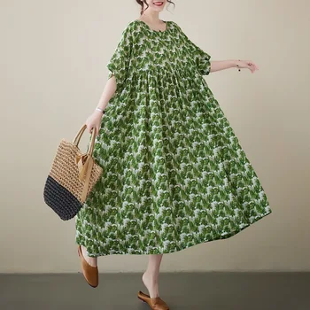 Винтажное рокля midi за почивка със зелени принтом, дълга рокля за дамите 2023, Винтажное романтична рокля с цветен модел и кръгло деколте, свободна талия, къс ръкав, цвете рокля