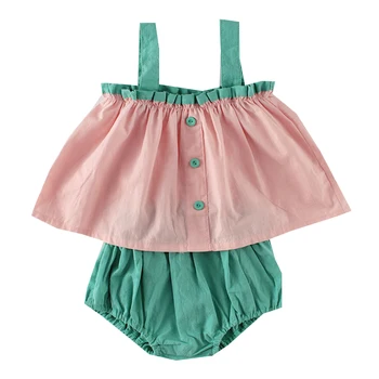 Годишна сладка ежедневни дрехи за малките момичета, плиссированный топ без ръкави с много зелени еластични къси панталони, обикновен памук комплект за малки момичета
