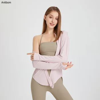 Готина солнцезащитная риза Antibom, спортно палто, женски свободен топ за йога, бързосъхнеща блуза с дълъг ръкав за фитнес