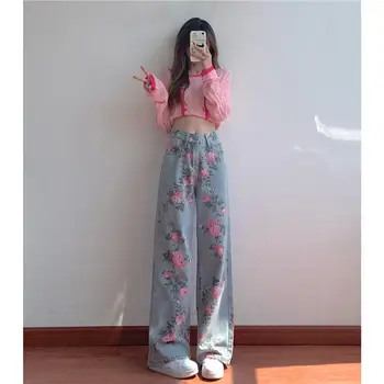 Дамски дънки с цветя принтом дънкови панталони y2k панталони в корейски стил за гаджето си широки панталони с висока талия свободни прави панталони са модерни всекидневни