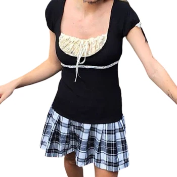 Дамски Летни лоскутная лейси плиссированная тениска с U-образно деколте и къс ръкав, ежедневни проста риза, тениска за жени