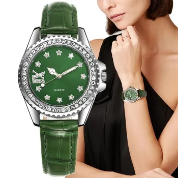 Дамски луксозни маркови часовници Мода 2023 Римски диамант Дамски кварцов часовник Ежедневното зелена кожена рокля Часовници