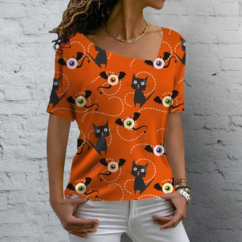 Дамски тениски с V-образно деколте, потник с красиви котки, летни къси тениски с графичен принтом, модерни ежедневни тениски Kawaii, градинска дамски дрехи