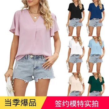 Дамски тениски с високо качество, пролет-лято шифоновые обикновен дамски тениски с V-образно деколте и накъдрен, директна доставка, WZD3037