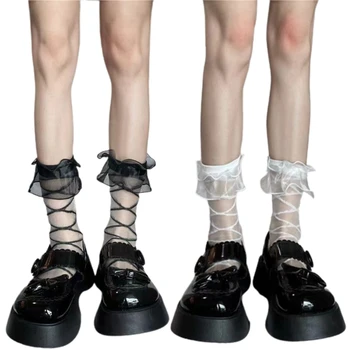 Дамски Чорапи до средата на Прасците с Плиссированным Подолом, Дизайнерски Модел в Ивица, Дантелени Чорапи с Деколте, Летни Модни Сладки Чорапи M6CD