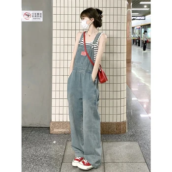 Деним гащеризон за Дамски летни дрехи 2023, Широки дънки Y2k, корейски модни дънкови панталони с джобове, выстиранные реколта прави панталони
