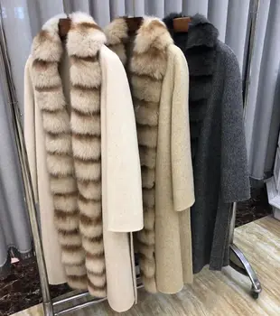 Дълго вълнено палто с естествен лисьего кожа в винтажную ивица в руски стил за една дама, градинска дрехи, дамски луксозни кожени тренчи с колан
