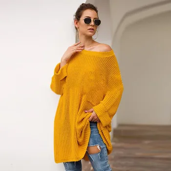 Дълъг вязаный пуловер с джобове, Дамски пуловери есен-зима, О-образно деколте, секси Свободен пуловер, дамски жилетки, жълто, черно