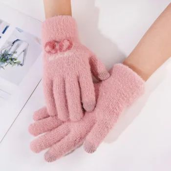 Есенно-зимни сладки плюшени ръкавици за момичета игра с анимационни бродерия и шарките на Мечка, мразоустойчив, топли ръкавици за колоездене на открито с пълни пръсти