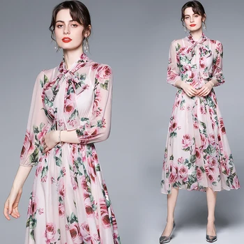 Жена лятното модно ежедневна рокля с флорални принтом, дамски дълги шифоновые рокли с флорални принтом