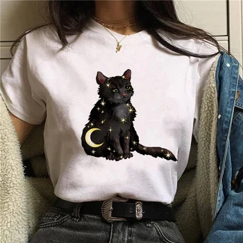 Забавна тениска с принтом черна Котка, женска лятна риза в стил Харадзюку, сладко отгоре, универсална тениска с кръгло деколте, плюс Размера на къс ръкав.