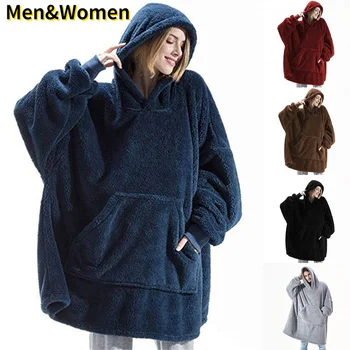 Зимни топли качулки-одеяло с ръкави, Пуловери в голям размер за жени/мъже, утепленное флисовое огромно одеяло, качулки