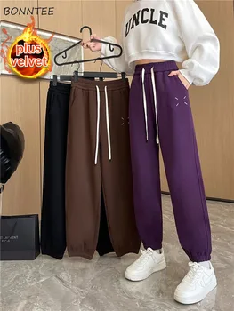 Кадифе ежедневни дамски панталони с дължина до щиколоток, топли есенни универсални панталони с завязками и висока талия, обикновена студентски стилни Ropa Mujer