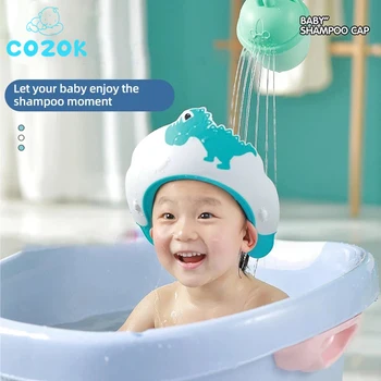 Капачка за детски шампоан COZOK водоустойчива душ капачка със защита на ушите cartoony динозавър, принудителна вода шапка, детска шапка за миене на коса