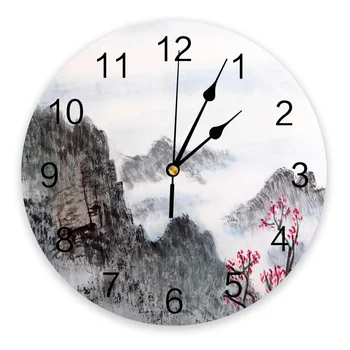 Китайска живопис Горски цветя Планински стенни часовници Модерен дизайн на Интериор на хола Стенни часовници Начало декор на Стената цифров часовник