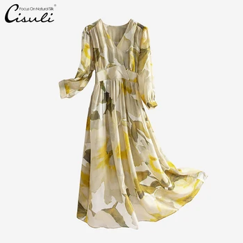 Копринените рокля с принтом CISULI, 100% коприна тутового цветове, дамски летни Рокли с цветя модел на едро