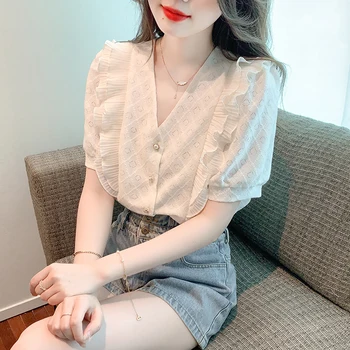 Корейската мода риза в стил мозайка с волани и къс ръкав, дамски летни елегантни блузи с V-образно деколте, потник, дамски стилни ежедневни блуза