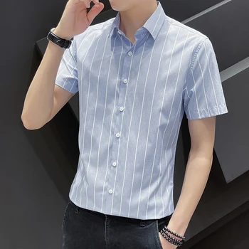 Корейски модни летни ризи на райета с къси ръкави, приталенная мъжки блуза на копчета
