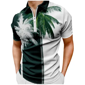 Летни Мъжки Ризи Поло с Гавайским принтом 2023, Мода Мъжка тениска с цип С Къс ръкав, Ежедневни Плажната Мъжки Дрехи Camiseta