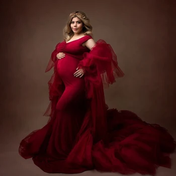 Луксозно бордовое рокля Русалка без ръкави за бременни с дълга тюлевой шал за фотография, луксозни рокли за бременни от 2 теми