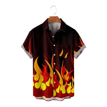 Лятна свободна плажно облекло с къси ръкави и отложным яка, модни мъжки хавайска риза с копчета с принтом пламък