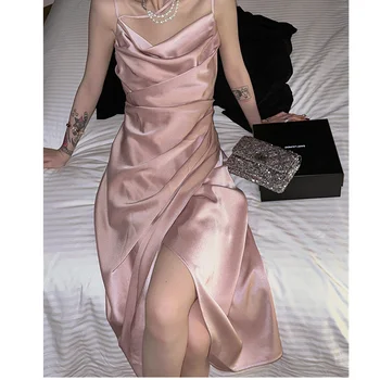 Лятото розова рокля, секси рокля на бретелях, сексуална корейското модно рокля с шал яка подпора, атласное рокля с пола със средна дължина, с намаляване на подтяжках