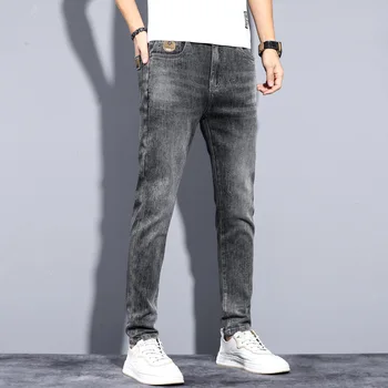 Младежки дънки, мъжки панталони малка крак, висококачествена и еластична приталенная корейската версия на ежедневните мъжки дънки с висока талия