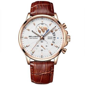 Модерен мъжки часовник от солидна стомана корпус, кварцов механизъм водоустойчив часовник мъжки часовник с кожена каишка, минерално стъкло, светещи индекси и стрелки