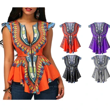 Модни Африканска Облекло 2022 Топ с принтом Дашики, Секси Стил на Анкара, по-Големи Размери, Летни Тениски S-2XL, Етническа Дамски Ризи с къс ръкав